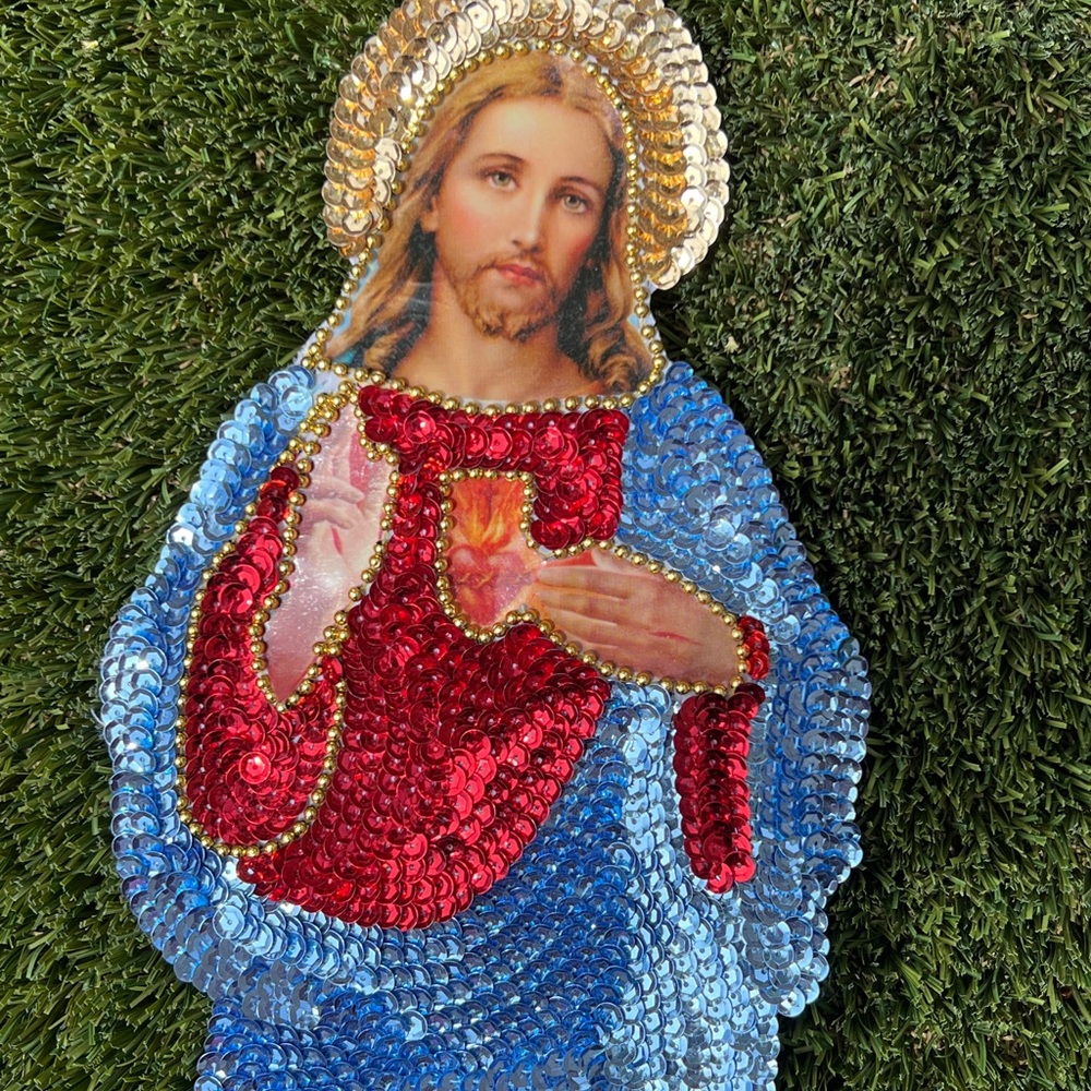 Sequin Jesus Patch in Red and Blue